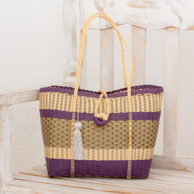 Recycled plastic tote, 'Pleasing Combination' - Recycled Plastic Tote in Cornsilk and Purple