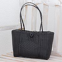 Recycled plastic tote, 'Undeniable Beauty in Black' - Handcrafted Black Recycled Plastic Tote from Guatemala