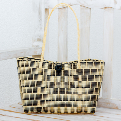 Recycled plastic tote, 'Delightful Day in Black' - Recycled Plastic Tote in Black and Cornsilk from Guatemala