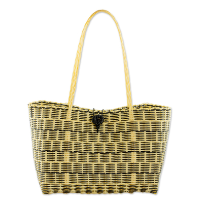 Handwoven tote, 'Delightful Day in Black' - Handwoven Tote in Black and Pale Yellow from Guatemala