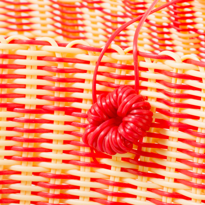 Recycled plastic tote, 'Delightful Day in Strawberry' - Handwoven Recycled Plastic Tote in Strawberry and Cornsilk
