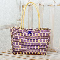 Recycled plastic tote, 'Delightful Day in Blue-Violet' - Handwoven Recycled Plastic Tote in Blue-Violet and Cornsilk