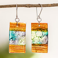 Recycled CD dangle earrings, 'Celebrate Creativity' - Colorful Recycled CD Dangle Earrings from Guatemala