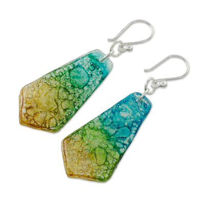 Recycled CD dangle earrings, 'Vibrant Ocean' - Handmade Recycled CD Dangle Earrings from Guatemala