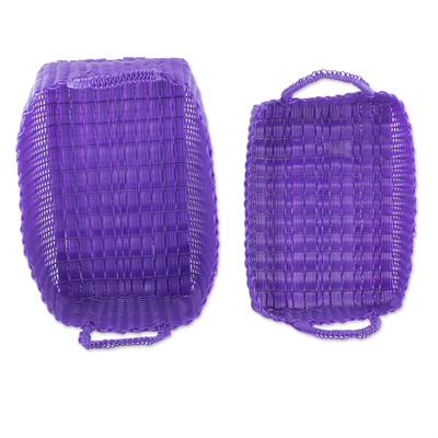 Handwoven baskets, 'Home Warmth in Regal Purple' (pair) - Two Recycled Handwoven Baskets in Purple from Guatemala
