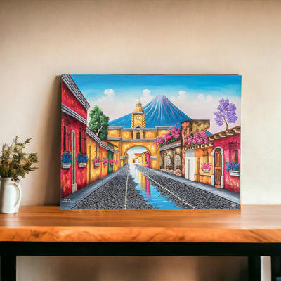 'Santa Catalina Arch' - Signed Painting of a Volcano Town from Guatemala