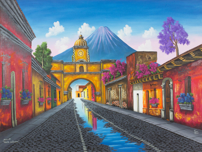 'Arco de Santa Catalina' - Pintura firmada de un pueblo volcánico de Guatemala