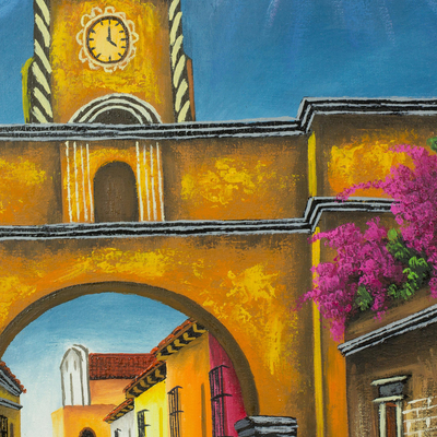'Arco de Santa Catalina' - Pintura firmada de un pueblo volcánico de Guatemala