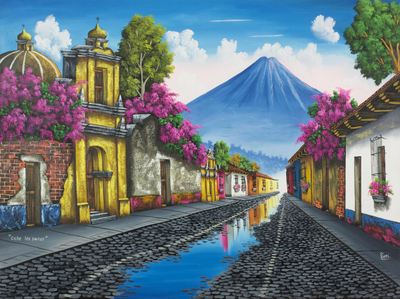 „Calle de los Pasos“ – Signiertes Gemälde einer guatemaltekischen Stadt und eines Vulkans