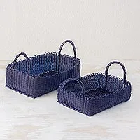 Handwoven baskets, 'Home Warmth in Navy' (pair)