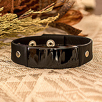 Jade and leather wristband bracelet, 'Black Fortress'