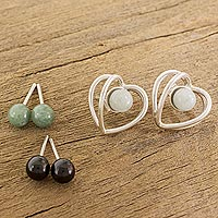 Jade button earring set, 'The Faces of Love' (3 pairs) - Heart-Shaped Modifiable Jade Button Earrings from Guatemala
