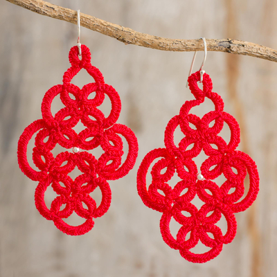 Dangle earrings, 'Passion For History' - Hand-Tatted Dangle Earrings in Poppy from Guatemala