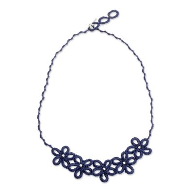 Hand-Tatted Pendant Necklace in Navy from Guatemala