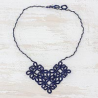 Pendant necklace, 'Entrancing Bouquet in Navy' - Hand-Tatted Floral Necklace in Navy from Guatemala