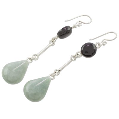 Jade dangle earrings, 'Lovely Beauty' - Two-Tone Jade and Sterling Silver Earrings from Guatemala