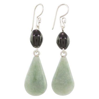 Jade dangle earrings, 'Style of the Maya' - Jade and Silver Dangle Earrings Crafted in Guatemala