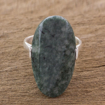 Jade cocktail ring, 'Maya Virtue in Dark Green' - Dark Green Jade and Silver Cocktail Ring from Guatemala