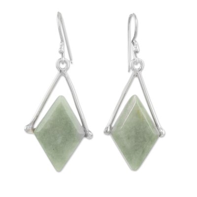 Jade dangle earrings, 'Vibrant Rhombi' - Rhombus-Shaped Jade Dangle Earrings from Guatemala