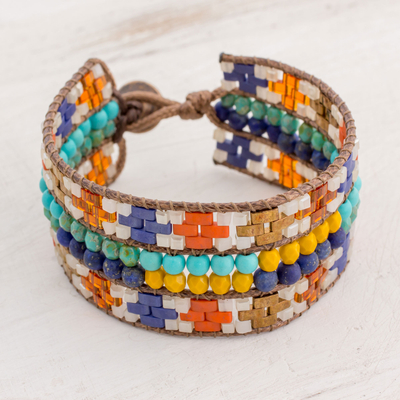 Lapis lazuli beaded wristband bracelet, 'Traditions of My Country' - Colorful Glass Wristband Bracelet from Guatemala