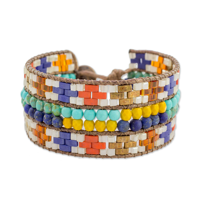 Lapis lazuli beaded wristband bracelet, 'Traditions of My Country' - Colorful Glass Wristband Bracelet from Guatemala