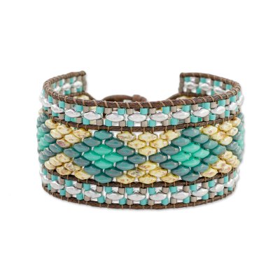 Glass beaded wristband bracelet, 'Aquatic Diamonds' - Diamond Motif Glass Beaded Wristband Bracelet in Blue