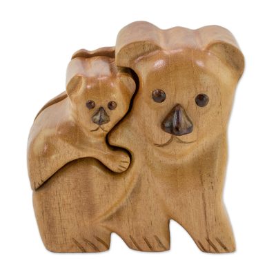 Wood decorative box, 'Koala Love' - Handcrafted Koala Wood Decorative Box from Guatemala