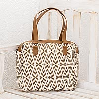 Leather accent cotton handbag, 'Diamond Style'
