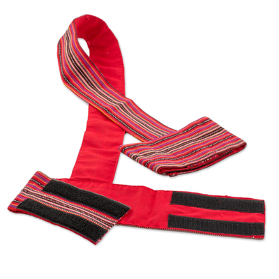 Cotton yoga mat strap, 'Peaceful Stripes' - Striped Cotton Yoga Mat Strap in Crimson from Guatemala