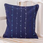 Cotton cushion cover, 'Thoughts on Blue' - 100% Cotton Dark Blue Cushion Cover with Gray and Blue Lines