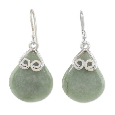 Jade dangle earrings, 'Love Beneath the Rain' - Drop-Shaped Jade and Silver Dangle Earrings from Guatemala
