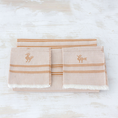 Cotton tablecloth and napkin set, 'Field and Forest' - Hand Woven Natural and Orange Cotton Table Linen Set