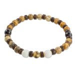 Jasper and jade beaded stretch bracelet, 'Brown Combination' - Jasper Jade and Coconut Shell Beaded Bracelet from Guatemala