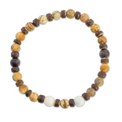 Stretch-Armband aus Jaspis- und Jadeperlen - Jaspis-Jade- und Kokosnussschalen-Perlenarmband aus Guatemala
