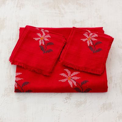 Cotton tablecloth and napkin set, 'Easter Flowers' - Red Cotton Tablecloth and Napkin Set with Easter Flowers