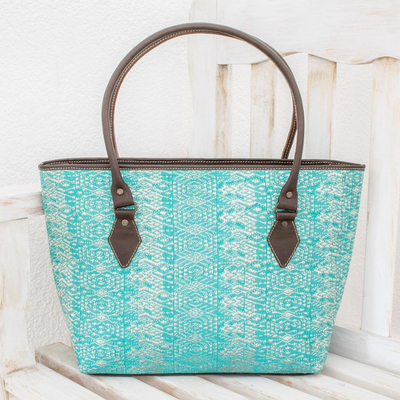 Leather accent cotton shoulder bag, 'Guatemalan Ikat' - Guatemalan Leather Accent Cotton Shoulder Bag in Turquoise