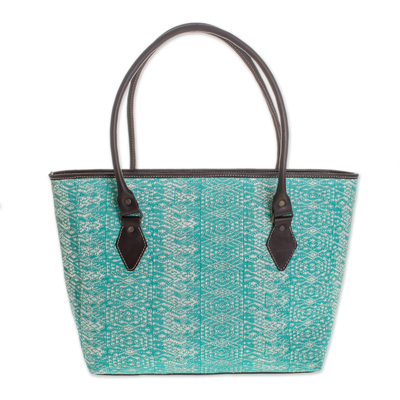 Guatemalan Leather Accent Cotton Shoulder Bag in Turquoise