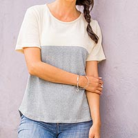 Natural cotton top, 'Cloud Whisper' - Natural Cotton and Recycled Denim Pullover Top for Women