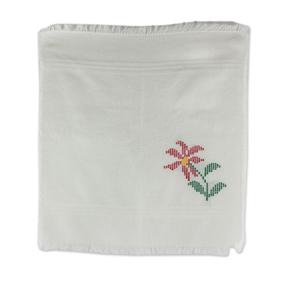 Cotton table linen set, 'Poinsettia Grace' - White Floral Cotton Table Linen Set from Guatemala