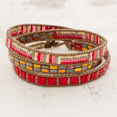 Glass beaded wrap bracelet, 'Fiery Sizzle' - Red and Multi-Color Glass Beaded Wrap Bracelet