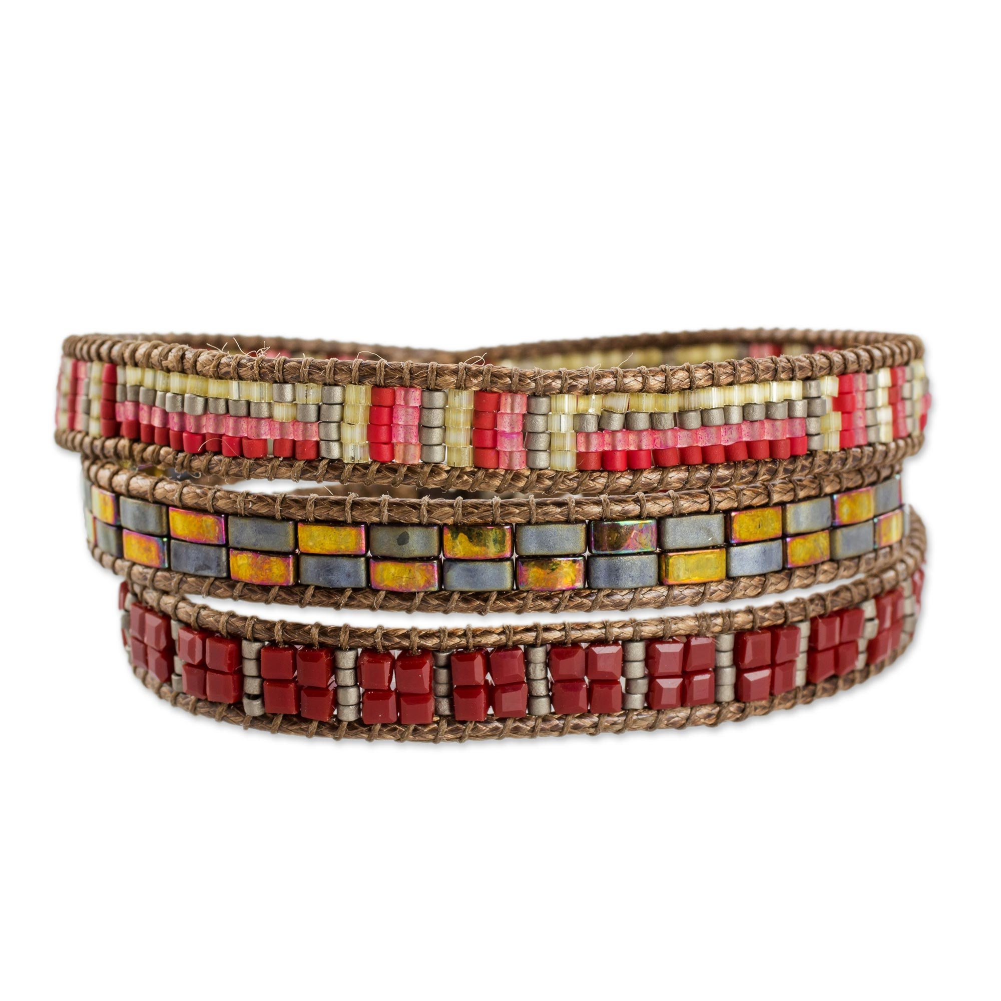 Red and Multi-Color Glass Beaded Wrap Bracelet - Fiery Sizzle | NOVICA