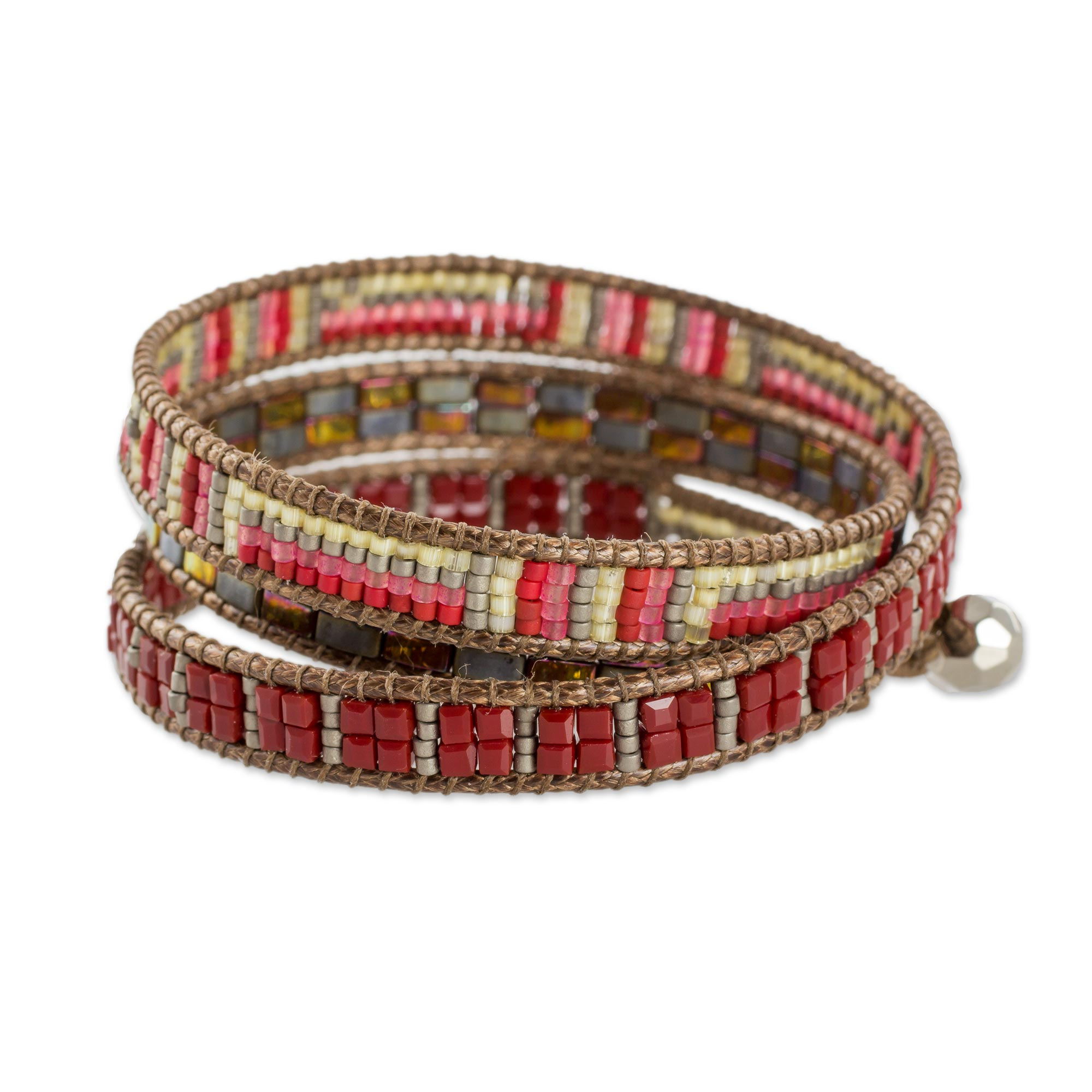 Red and Multi-Color Glass Beaded Wrap Bracelet - Fiery Sizzle | NOVICA