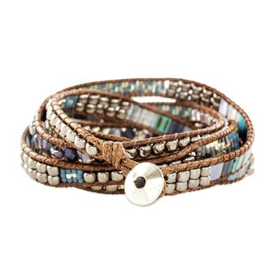 Glass beaded wrap bracelet, 'Beachcomber' - Turquoise and Beige Guatemalan Glass Beaded Wrap Bracelet