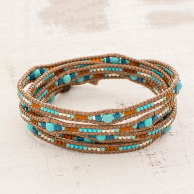 Glass beaded wrap bracelet, 'Lakeside Dawn' - Blue Glass Beaded Wrap Bracelet from Guatemala