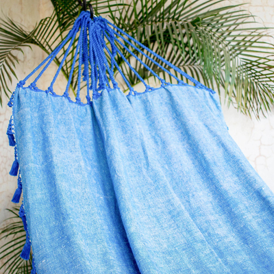 Cotton hammock, 'Over the Waves' (single) - Handwoven Cotton Single Hammock in Azure from Guatemala