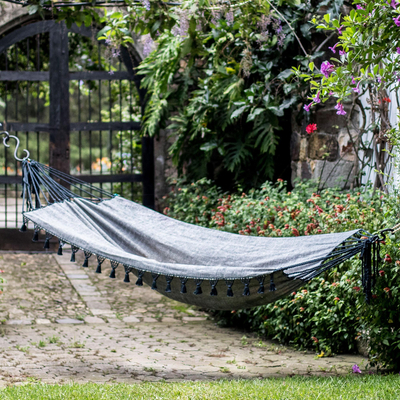 Cotton hammock, 'Stellar Night' (single) - Handwoven Cotton Single Hammock in Graphite from Guatemala