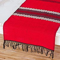 Cotton table runner, 'Trails of Totonicapan in Red' - Black and Red Table Runner Hand Loomed in Cotton