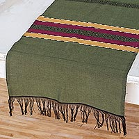 Cotton table runner, 'Trails of Totonicapan in Green' - Hand Woven Cotton Table Runner in Green and Black