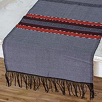 Cotton table runner, 'Trails of Totonicapan in Grey' - Fringed All Cotton Table Runner in Grey and Black