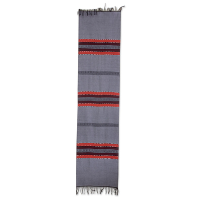 Cotton table runner, 'Trails of Totonicapan in Grey' - Fringed All Cotton Table Runner in Grey and Black